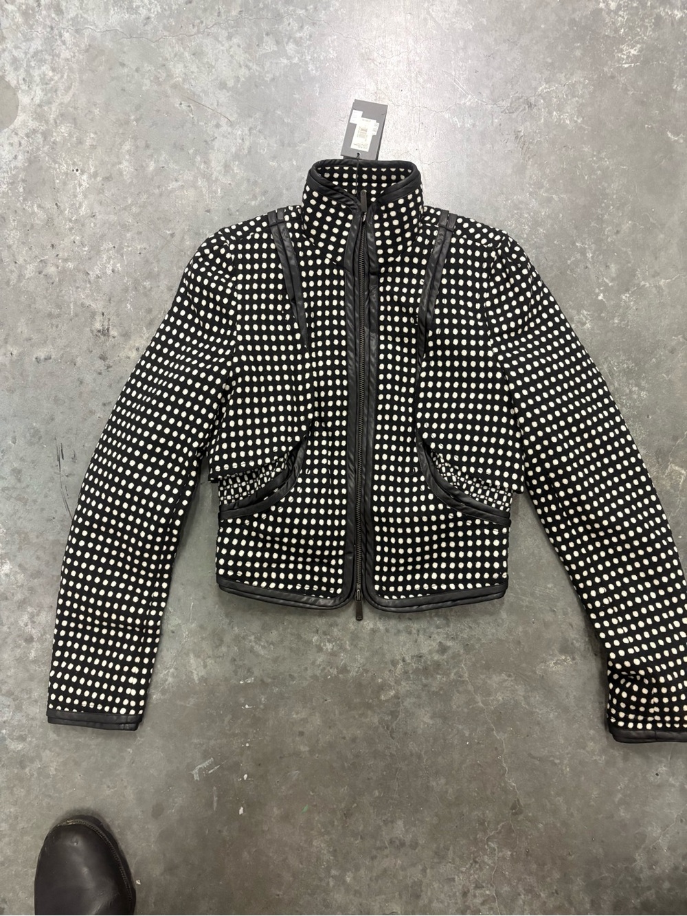 NWT Armani Exchange Black & Cream Polka Dot Faux Leather Trim Moto Jacket S